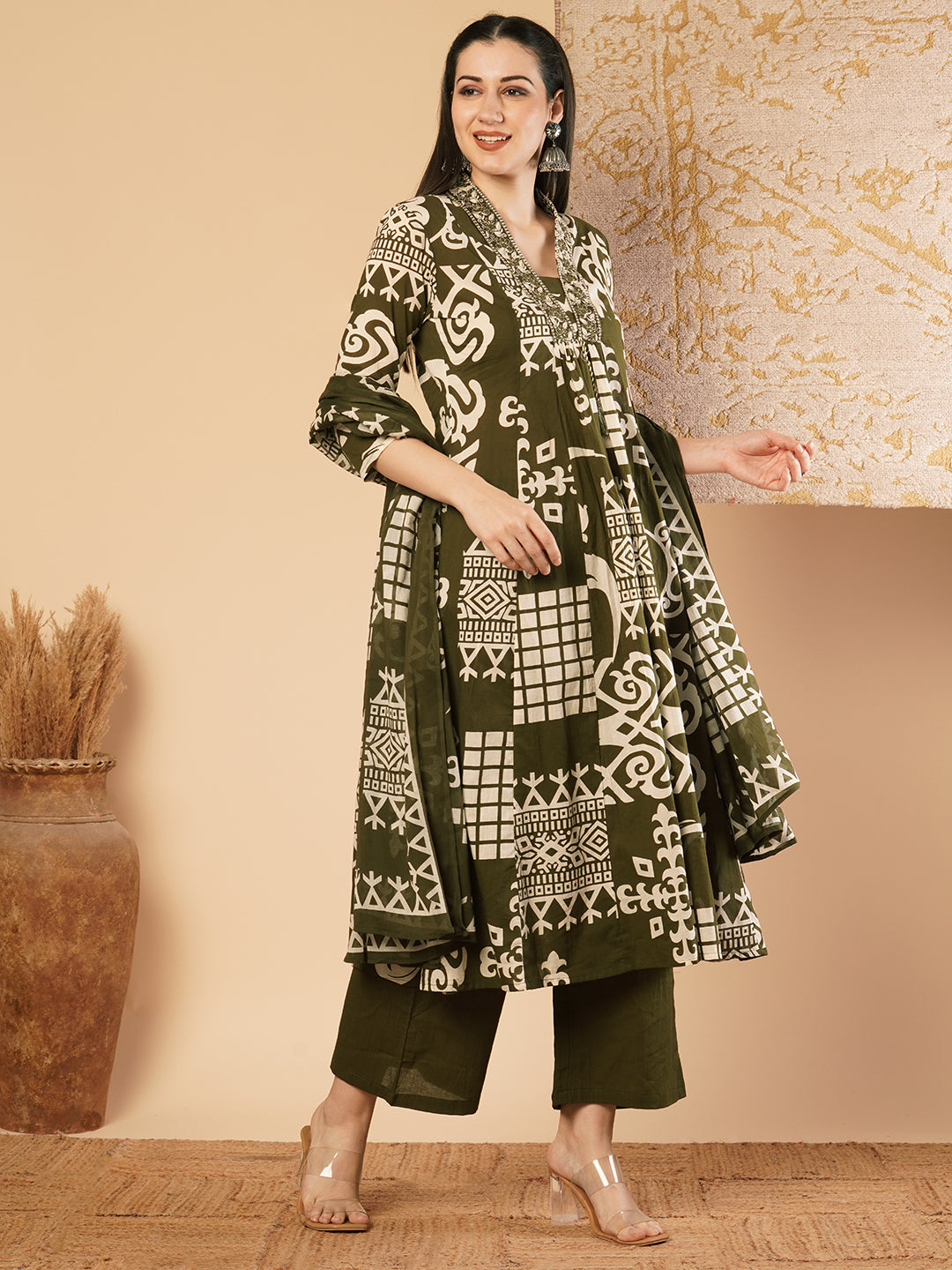 Abstract Floral Printed & Embroidered A-Line Paneled Kurta with Palazzo & Dupatta - Green