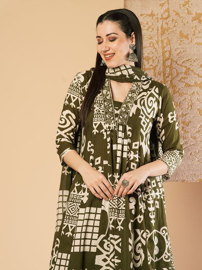 Abstract Floral Printed & Embroidered A-Line Paneled Kurta with Palazzo & Dupatta - Green