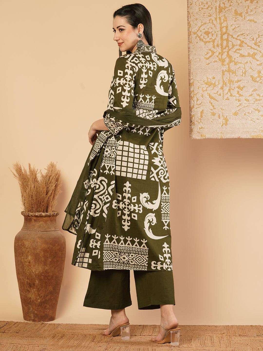 Abstract Floral Printed & Embroidered A-Line Paneled Kurta with Palazzo & Dupatta - Green