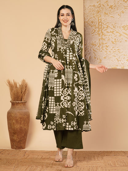 Abstract Floral Printed & Embroidered A-Line Paneled Kurta with Palazzo & Dupatta - Green