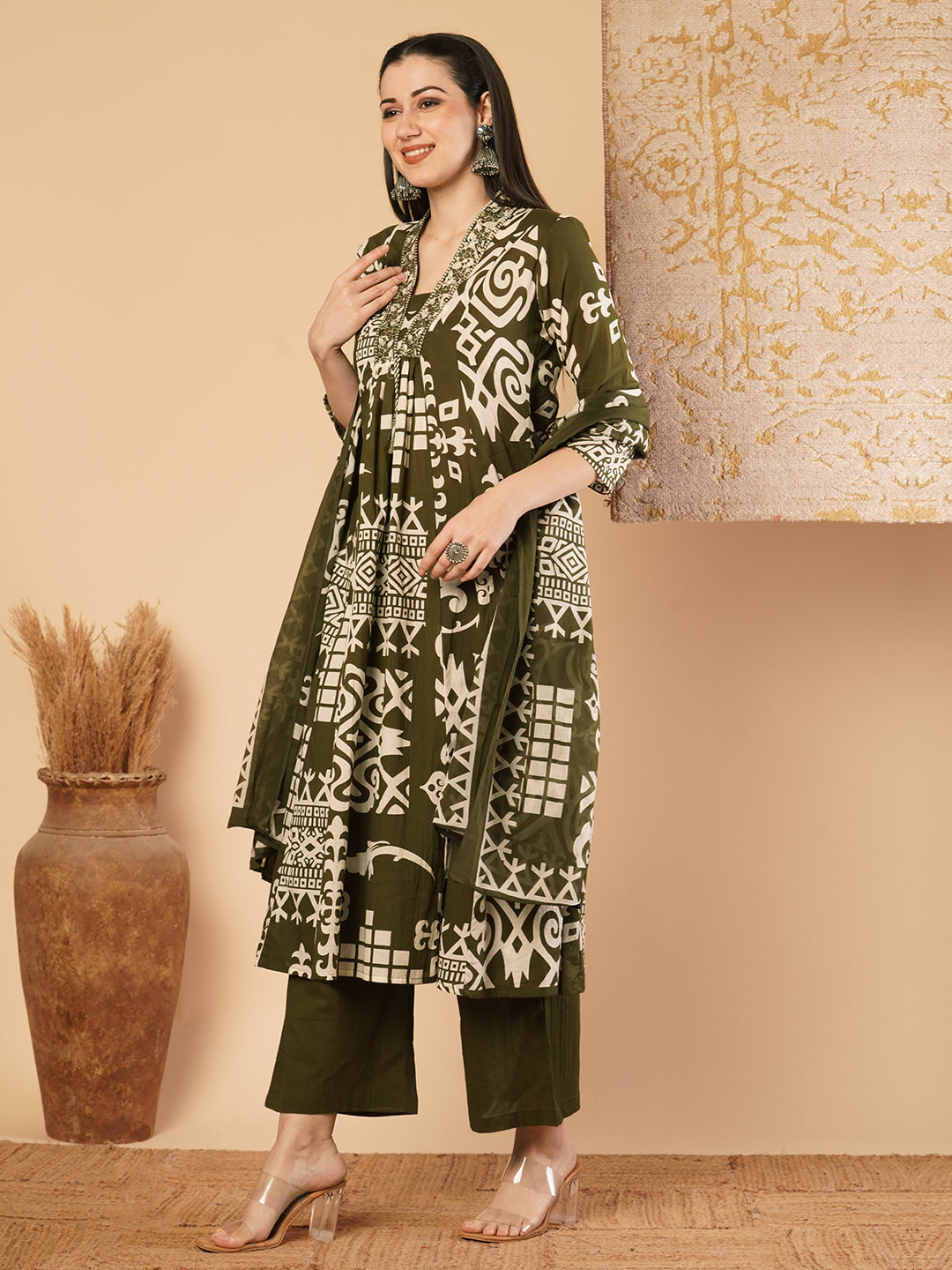 Abstract Floral Printed & Embroidered A-Line Paneled Kurta with Palazzo & Dupatta - Green