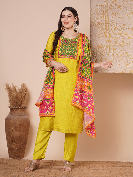 Ethnic Animal Printed & Embroidered Straight Kurta with Pant & Dupatta - Lime Green