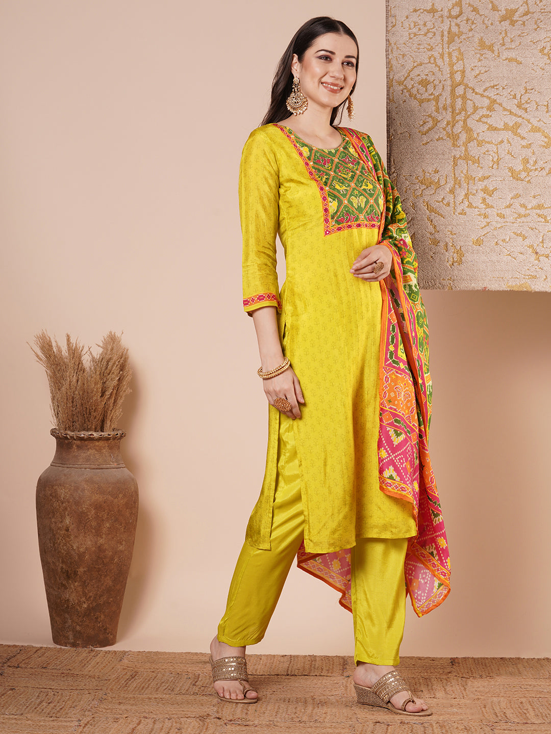 Ethnic Animal Printed & Embroidered Straight Kurta with Pant & Dupatta - Lime Green