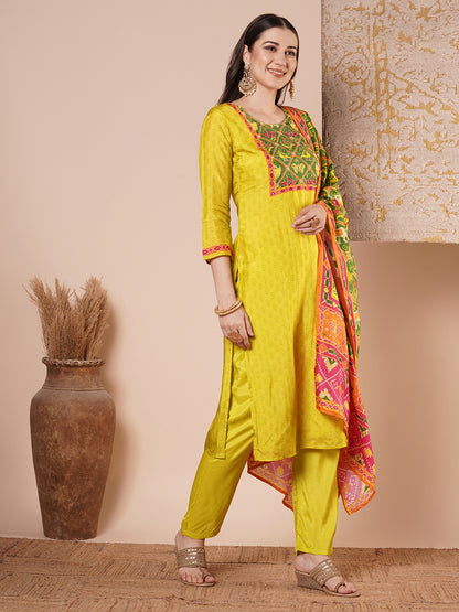 Ethnic Animal Printed & Embroidered Straight Kurta with Pant & Dupatta - Lime Green