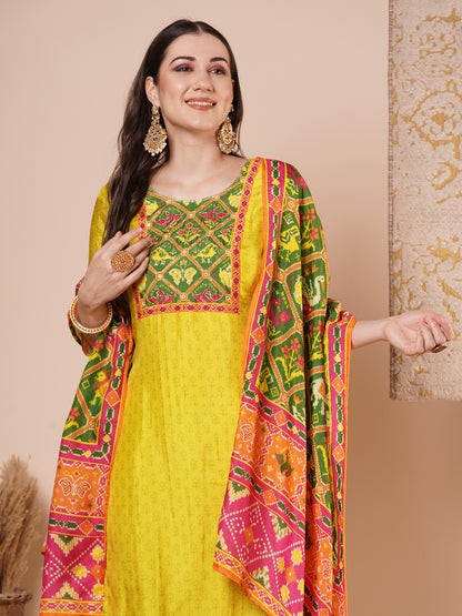 Ethnic Animal Printed & Embroidered Straight Kurta with Pant & Dupatta - Lime Green