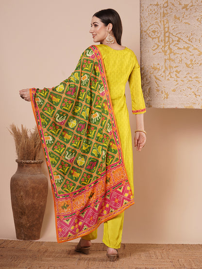 Ethnic Animal Printed & Embroidered Straight Kurta with Pant & Dupatta - Lime Green