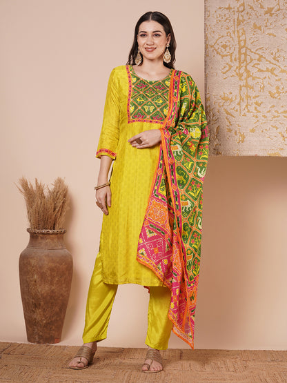 Ethnic Animal Printed & Embroidered Straight Kurta with Pant & Dupatta - Lime Green