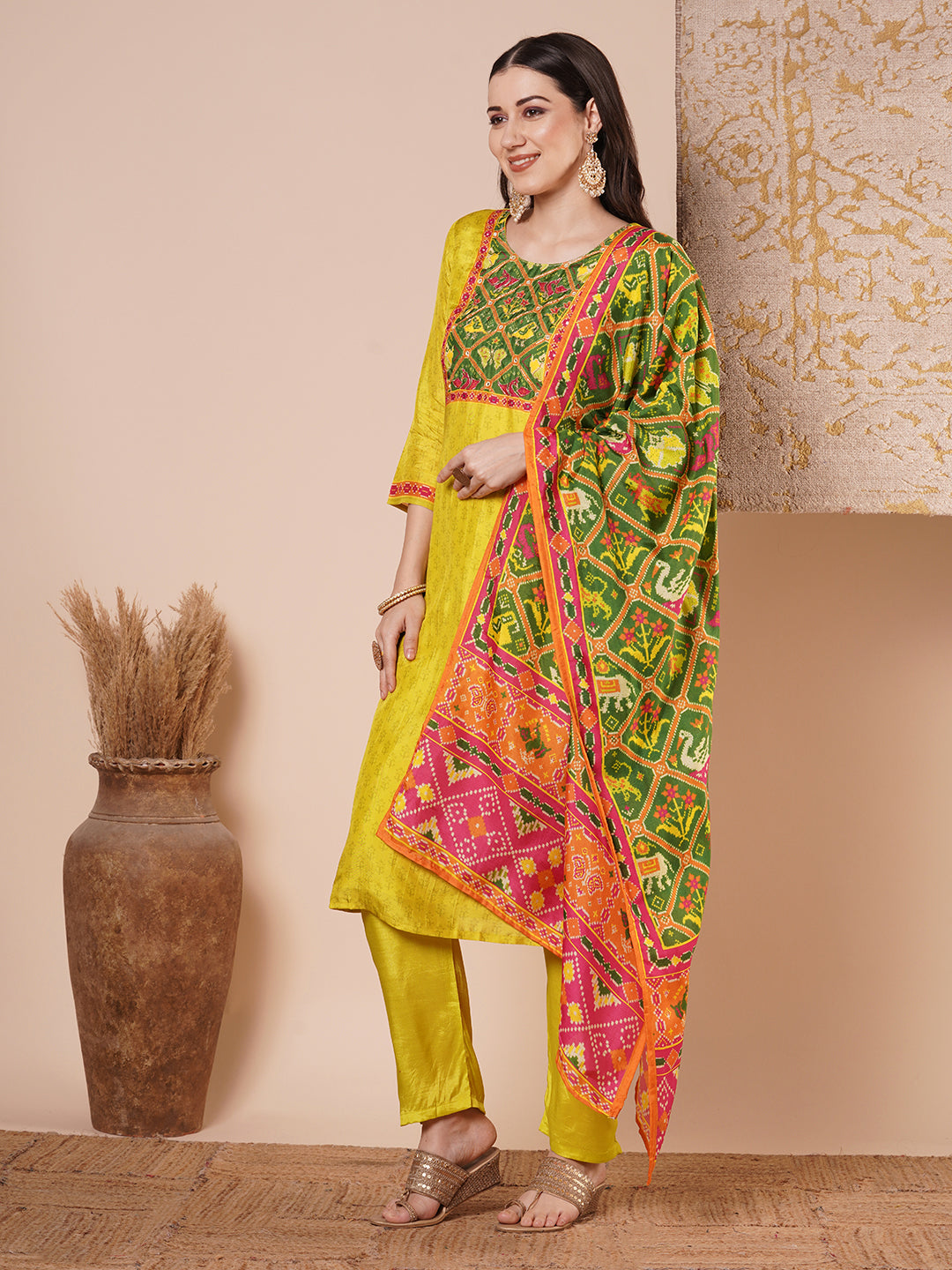 Ethnic Animal Printed & Embroidered Straight Kurta with Pant & Dupatta - Lime Green