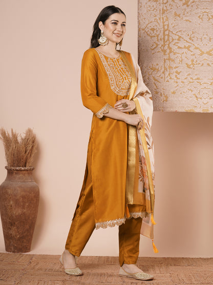 Solid Floral Embroidered Straight Kurta with Pant & Dupatta - Mustard