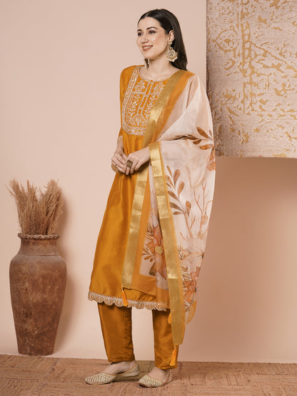 Solid Floral Embroidered Straight Kurta with Pant & Dupatta - Mustard