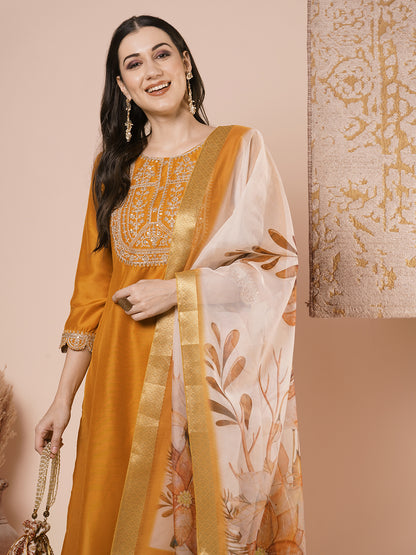 Solid Floral Embroidered Straight Kurta with Pant & Dupatta - Mustard