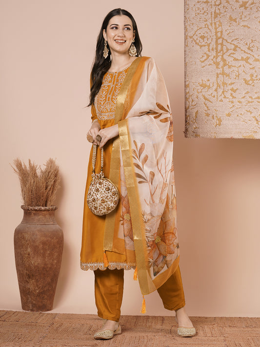 Solid Floral Embroidered Straight Kurta with Pant & Dupatta - Mustard