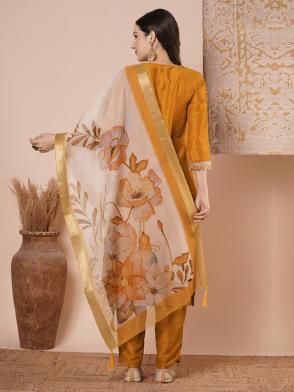 Solid Floral Embroidered Straight Kurta with Pant & Dupatta - Mustard