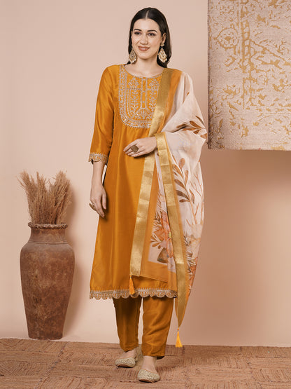 Solid Floral Embroidered Straight Kurta with Pant & Dupatta - Mustard