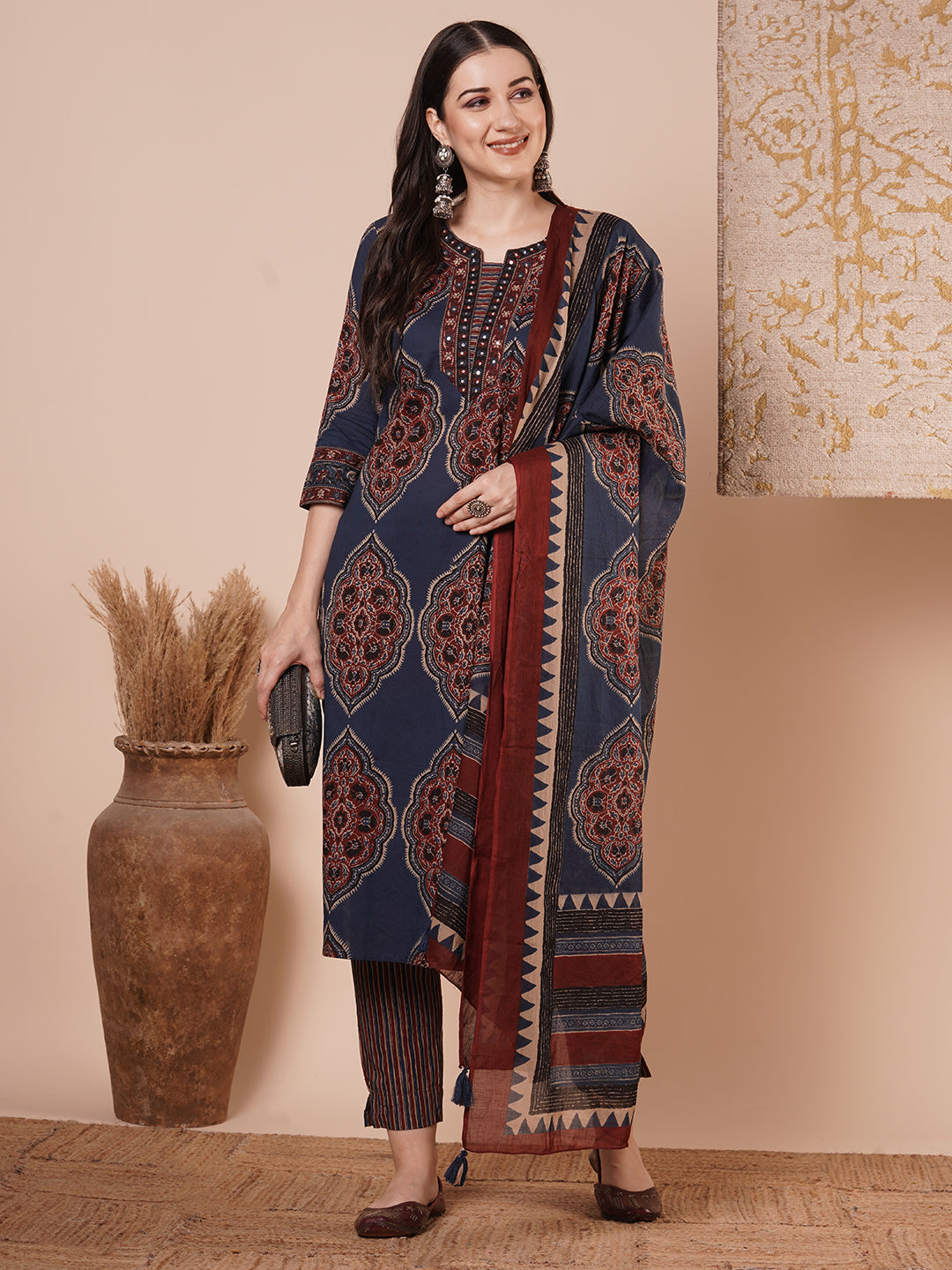 Ethnic Printed & Embroidered Straight Kurta with Pant & Dupatta - Blue