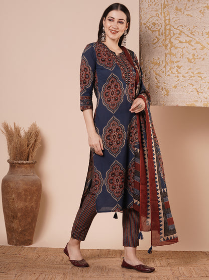 Ethnic Printed & Embroidered Straight Kurta with Pant & Dupatta - Blue