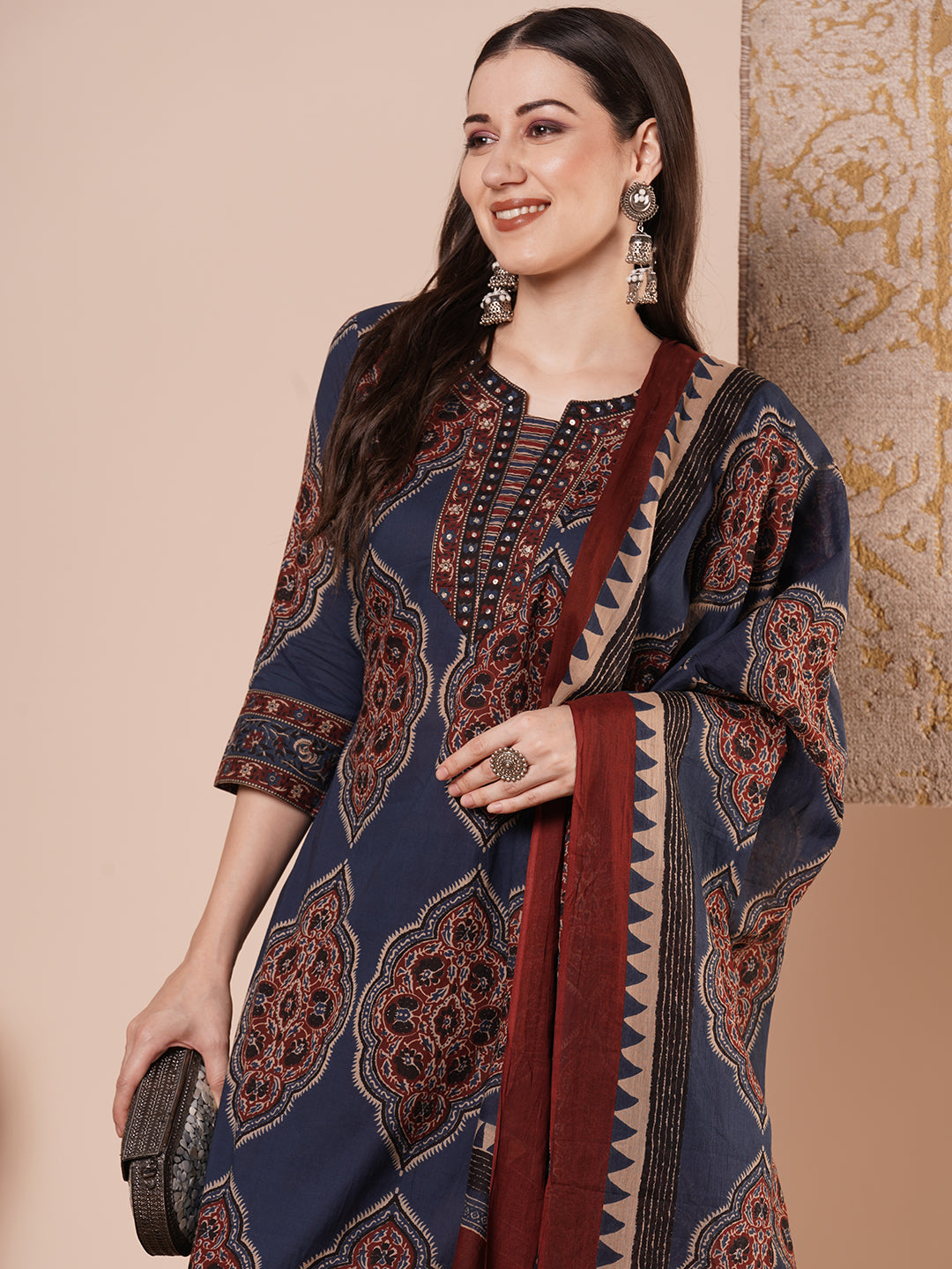 Ethnic Printed & Embroidered Straight Kurta with Pant & Dupatta - Blue