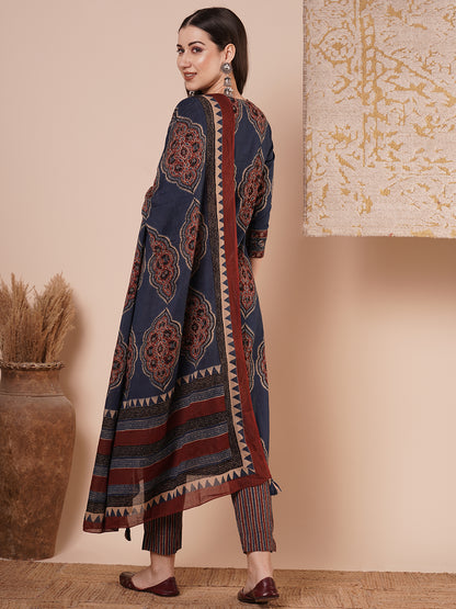 Ethnic Printed & Embroidered Straight Kurta with Pant & Dupatta - Blue