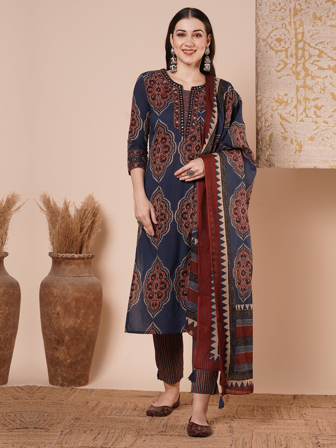 Ethnic Printed & Embroidered Straight Kurta with Pant & Dupatta - Blue