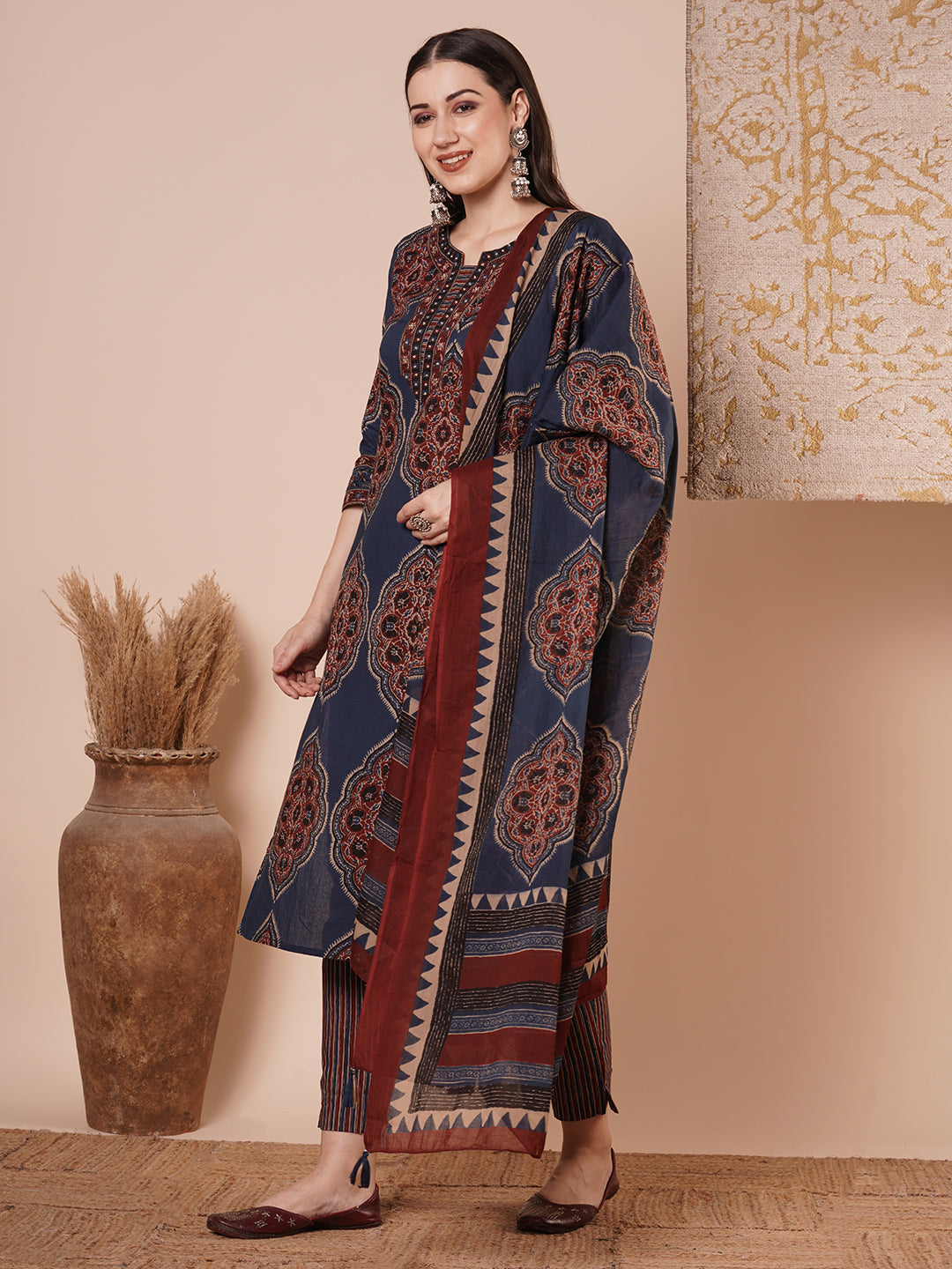 Ethnic Printed & Embroidered Straight Kurta with Pant & Dupatta - Blue