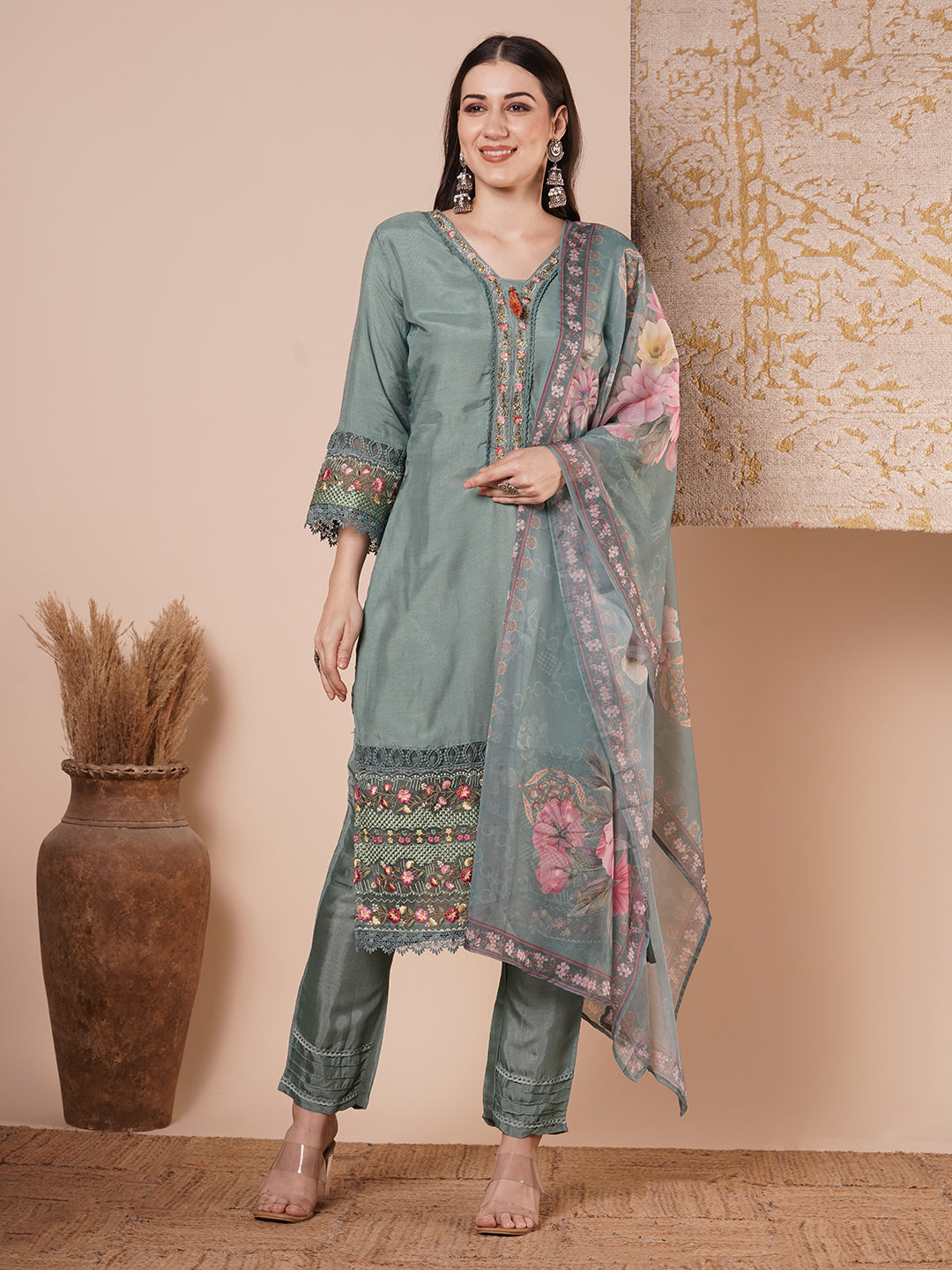 Solid Ethnic Floral Embroidered Straight Fit Kurta with Pant and Dupatta - Blue