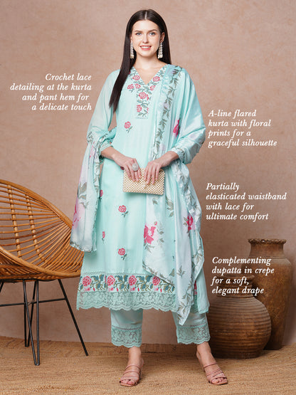 Floral Printed A-Line Flared & Kurta with Pant & Dupatta - Light Blue