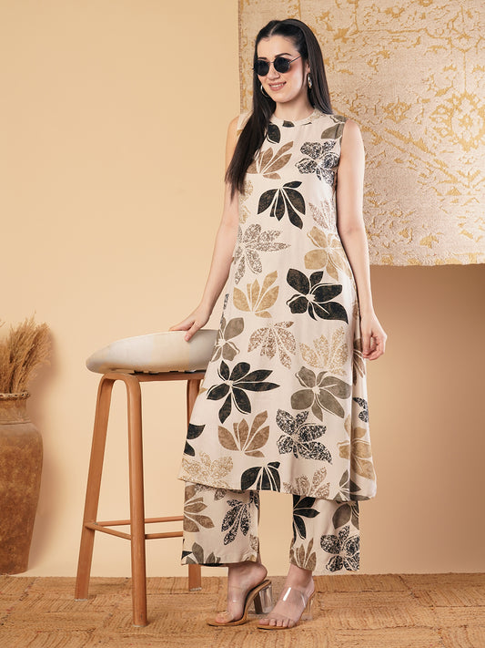 Abstract Floral Printed A-Line Paneled Co-ord Set -Cream