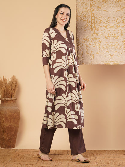 Abstract Floral Printed A-Line Paneled Kurta with Palazzo - Brown