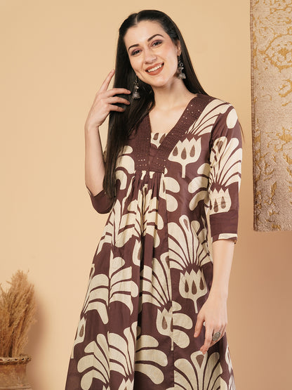 Abstract Floral Printed A-Line Paneled Kurta with Palazzo - Brown