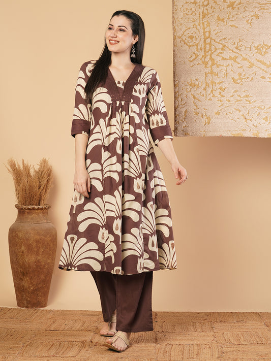 Abstract Floral Printed A-Line Paneled Kurta with Palazzo - Brown