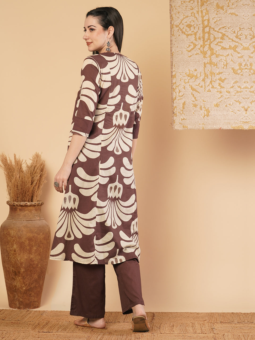 Abstract Floral Printed A-Line Paneled Kurta with Palazzo - Brown