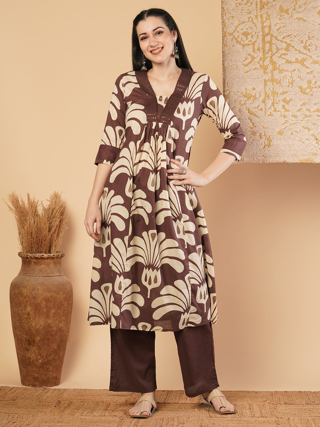 Abstract Floral Printed A-Line Paneled Kurta with Palazzo - Brown