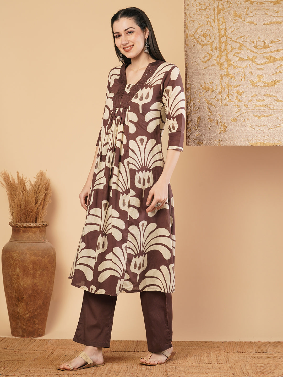 Abstract Floral Printed A-Line Paneled Kurta with Palazzo - Brown