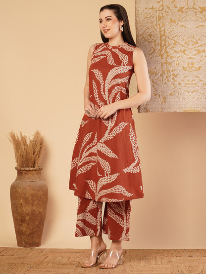 Abstract Floral Printed A-Line Paneled Co-ord Set -Rust