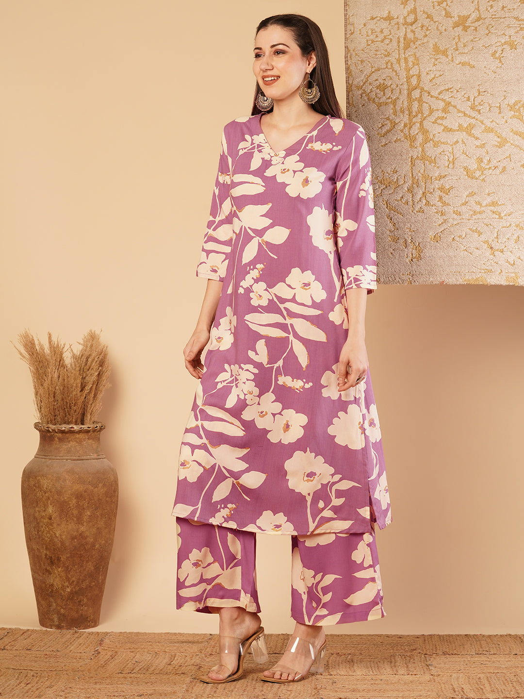 Abstract Floral Printed Straight Fit Co-ord Set -Mauve