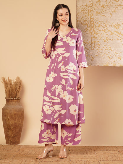 Abstract Floral Printed Straight Fit Co-ord Set -Mauve