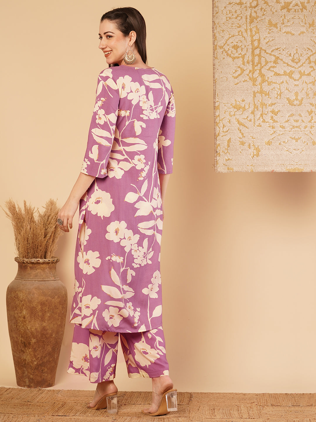 Abstract Floral Printed Straight Fit Co-ord Set -Mauve