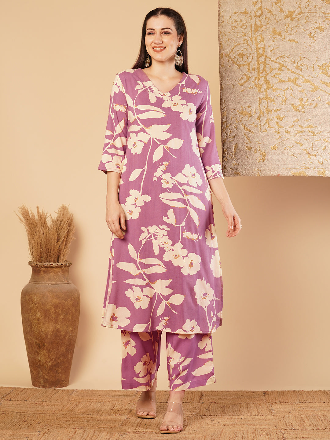 Abstract Floral Printed Straight Fit Co-ord Set -Mauve