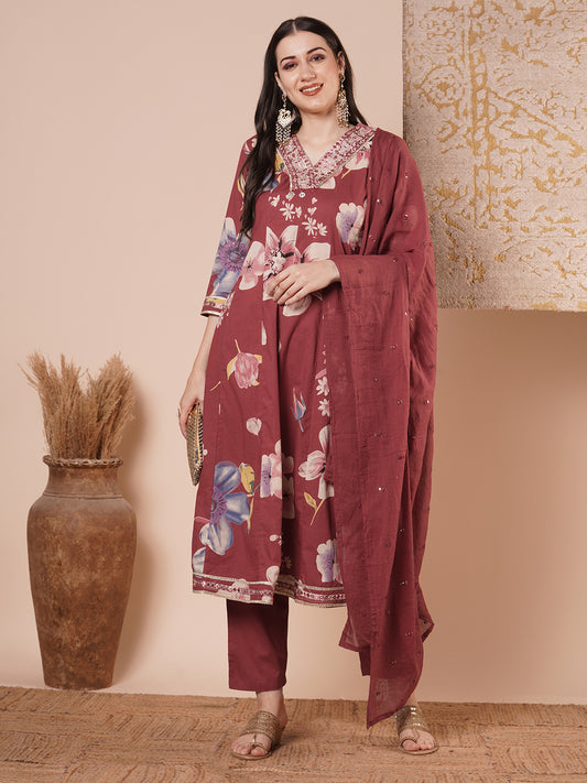 Ethnic Floral Printed & Embroidered Anarkali Flared Kurta with Pant & Dupatta - Maroon