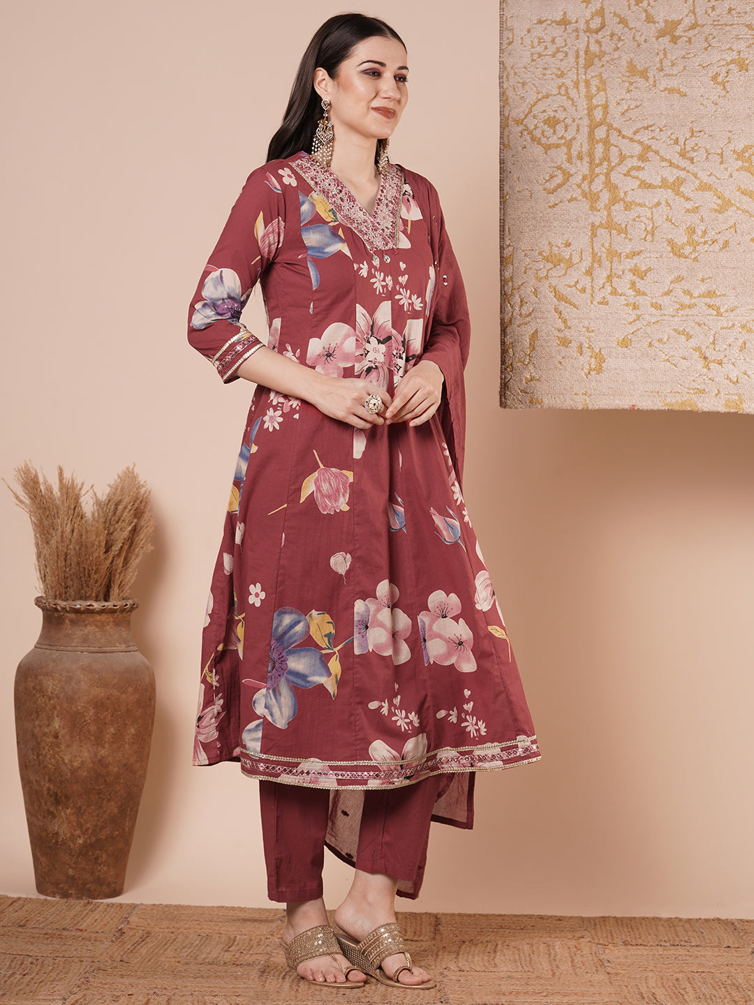 Ethnic Floral Printed & Embroidered Anarkali Flared Kurta with Pant & Dupatta - Maroon