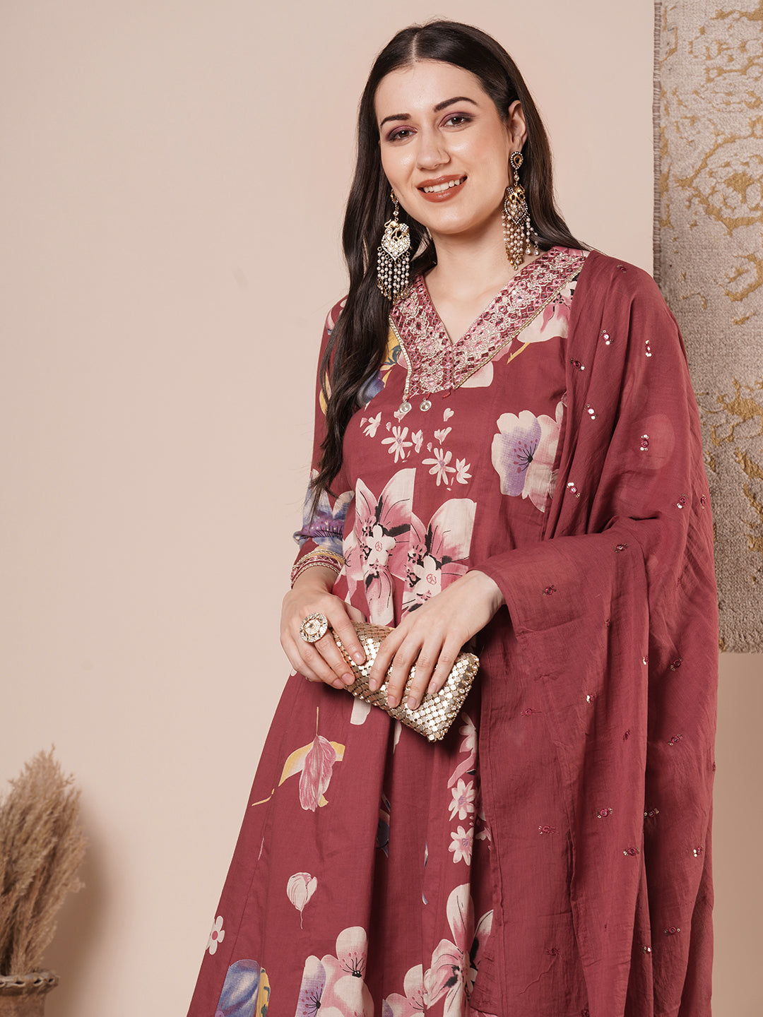 Ethnic Floral Printed & Embroidered Anarkali Flared Kurta with Pant & Dupatta - Maroon