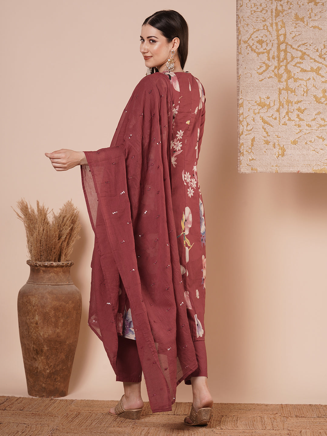 Ethnic Floral Printed & Embroidered Anarkali Flared Kurta with Pant & Dupatta - Maroon