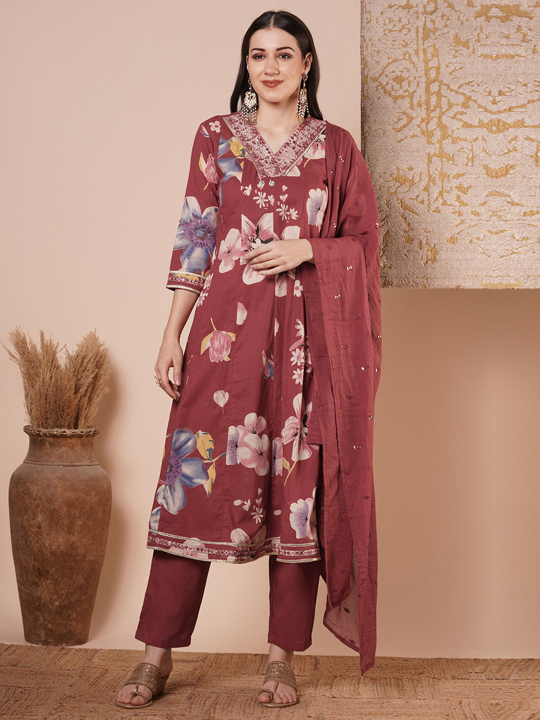 Ethnic Floral Printed & Embroidered Anarkali Flared Kurta with Pant & Dupatta - Maroon