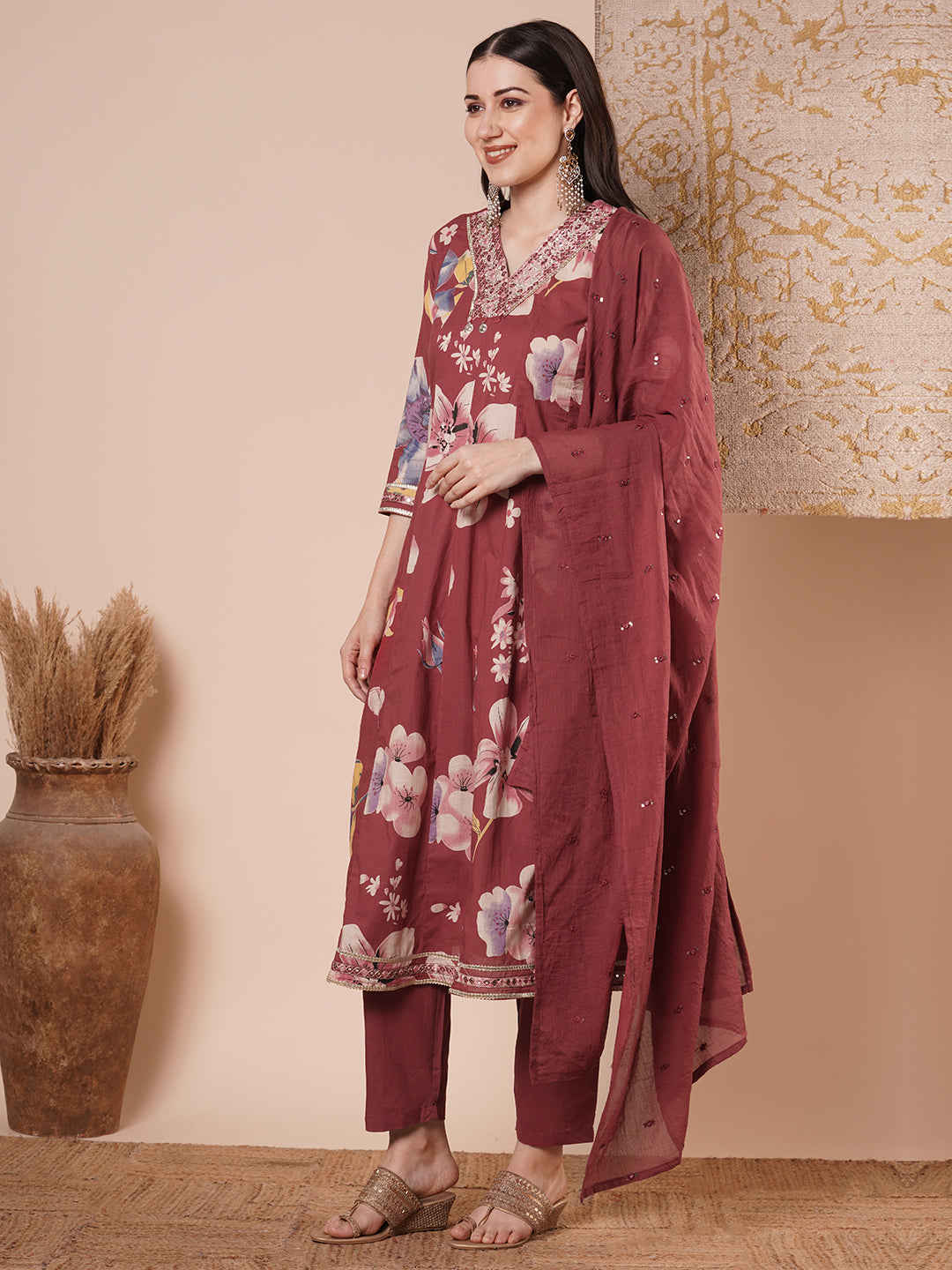 Ethnic Floral Printed & Embroidered Anarkali Flared Kurta with Pant & Dupatta - Maroon