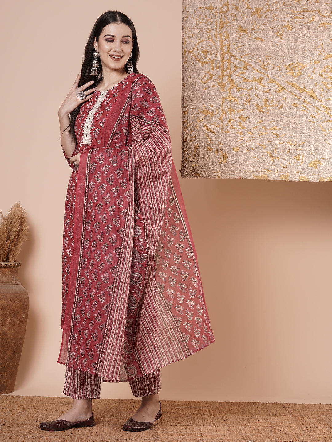 Ethnic & Floral Printed & Embroidered Straight Kurta with Pant & Dupatta - Rust