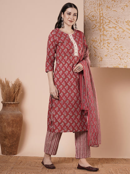 Ethnic & Floral Printed & Embroidered Straight Kurta with Pant & Dupatta - Rust