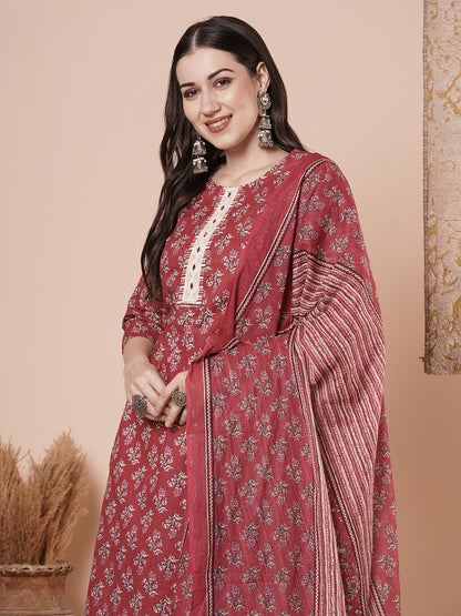 Ethnic & Floral Printed & Embroidered Straight Kurta with Pant & Dupatta - Rust