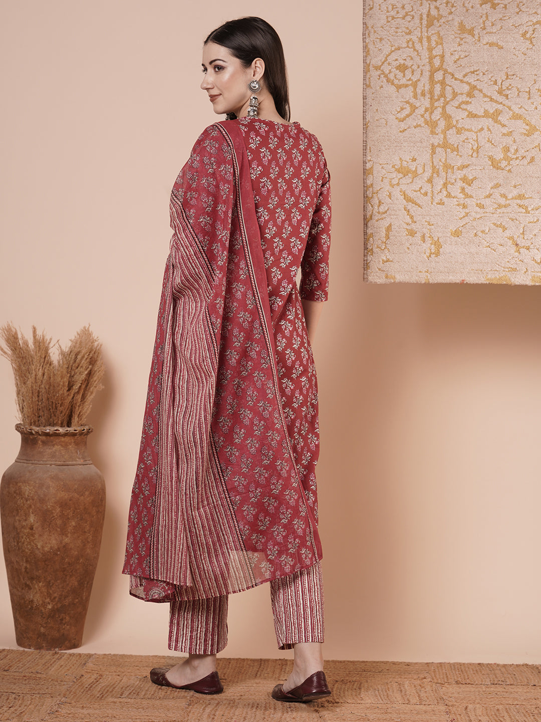 Ethnic & Floral Printed & Embroidered Straight Kurta with Pant & Dupatta - Rust