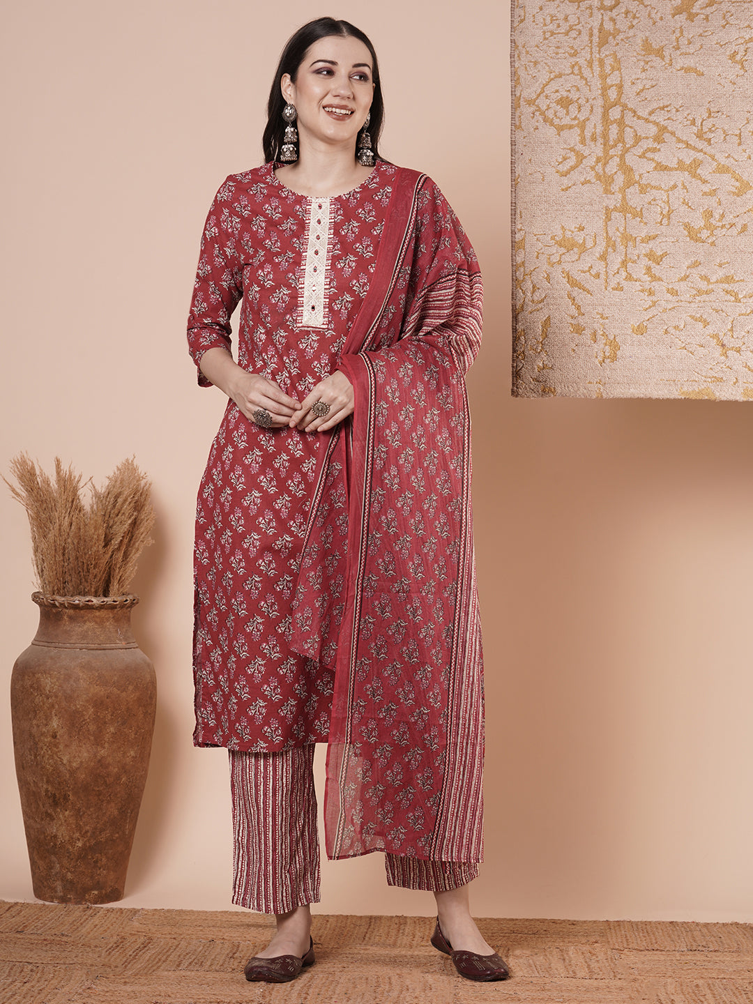 Ethnic & Floral Printed & Embroidered Straight Kurta with Pant & Dupatta - Rust