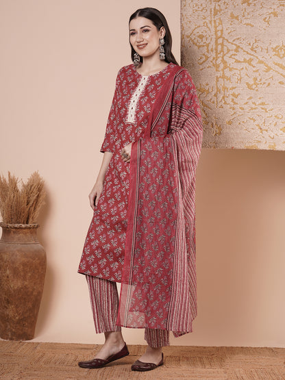 Ethnic & Floral Printed & Embroidered Straight Kurta with Pant & Dupatta - Rust